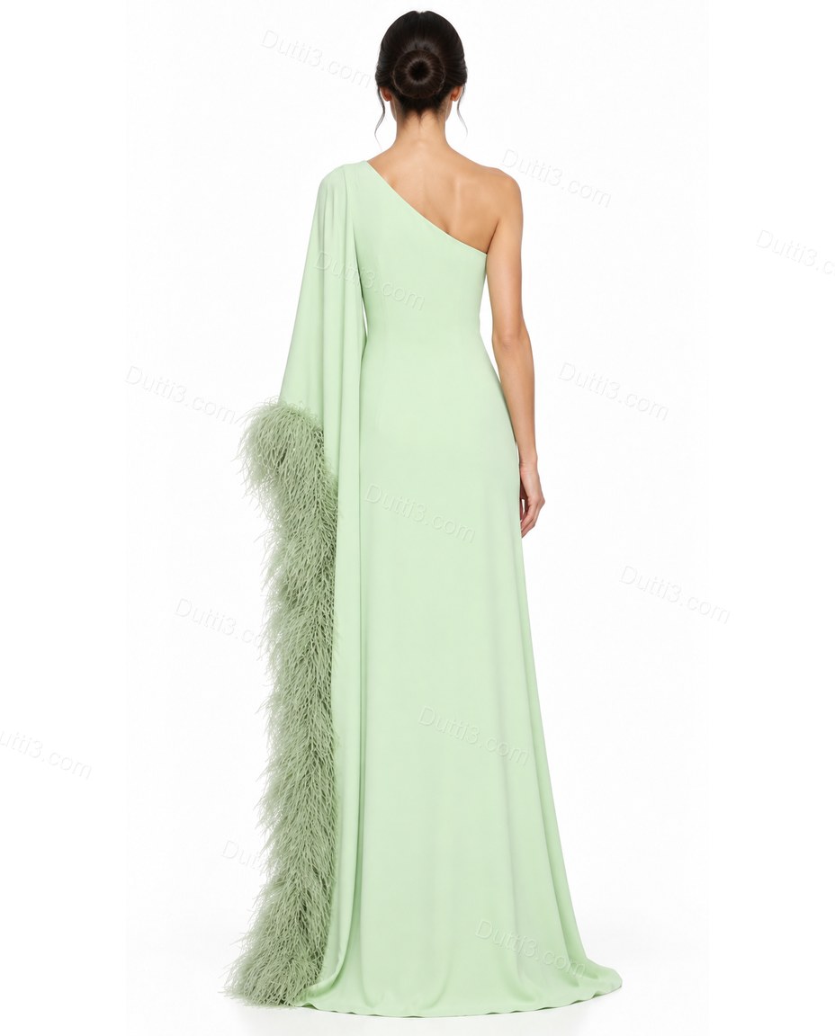 Light Green Maxi One-Shoulder Feather-Trim Dress, back studio view showing one-shoulder strap continues to the back, simple back panel, by Dutti3