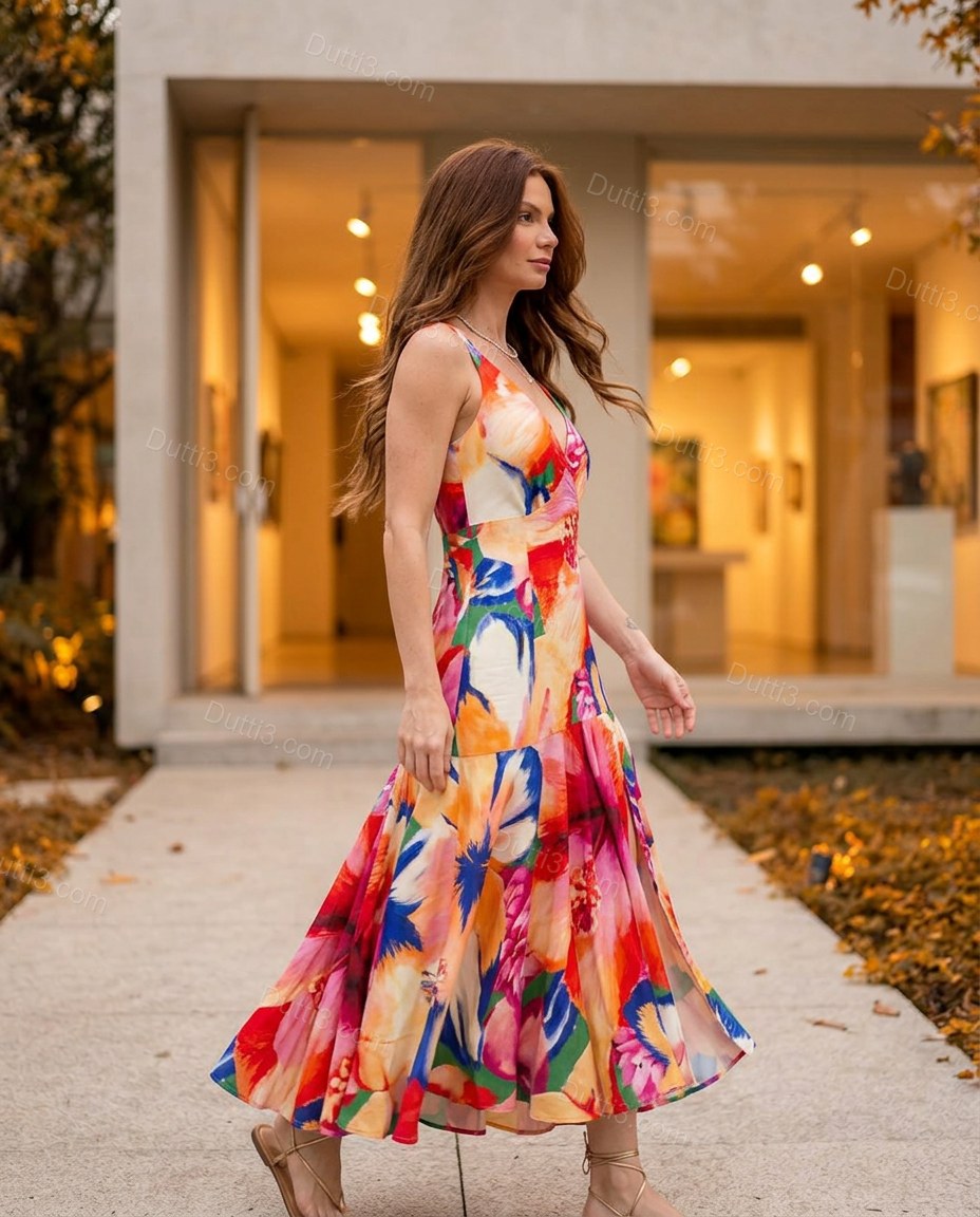 Pink Floral Maxi Open-Back Dress, movement and fit lifestyle view, by Dutti3