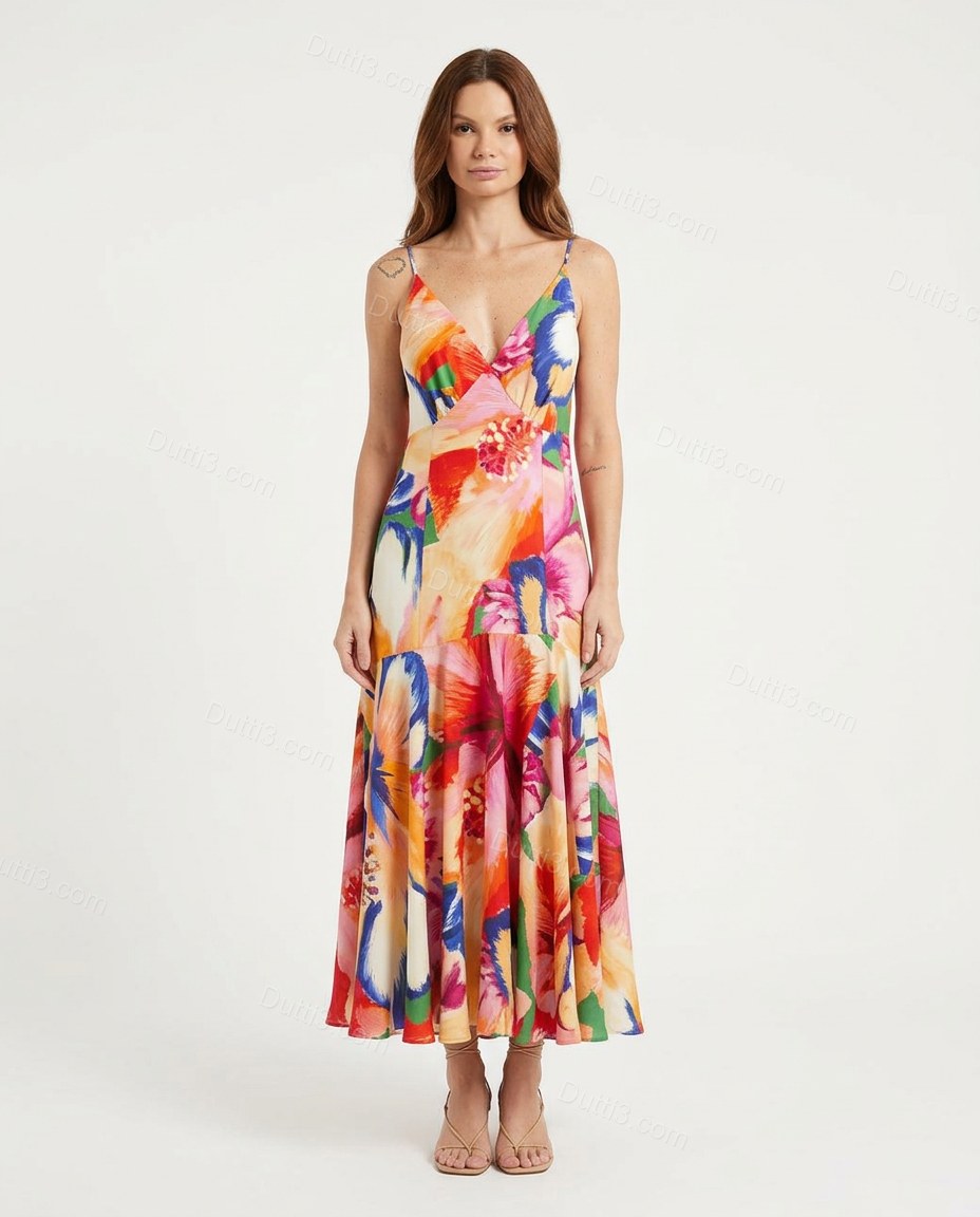Pink Floral Maxi Open-Back Dress, front studio view, by Dutti3