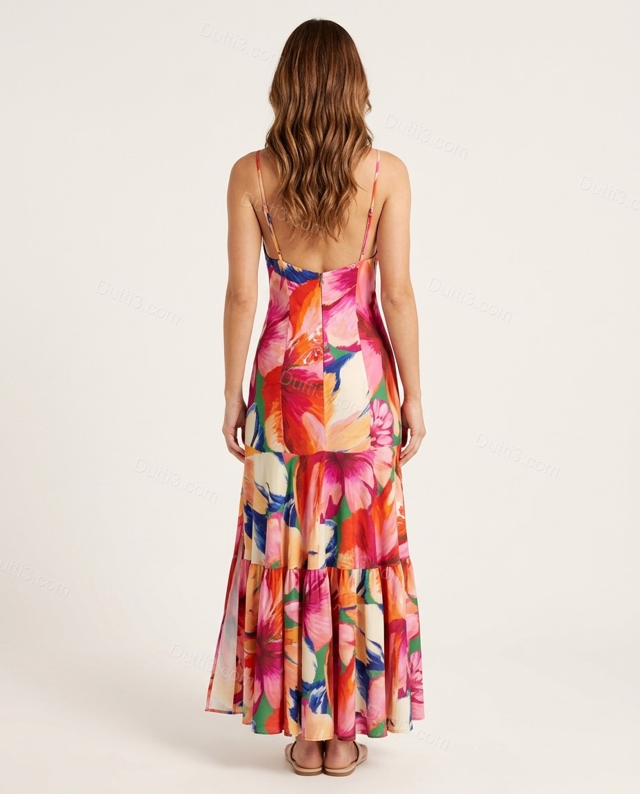 Pink Floral Maxi Open-Back Dress, back studio view showing open back with gathered detail, by Dutti3