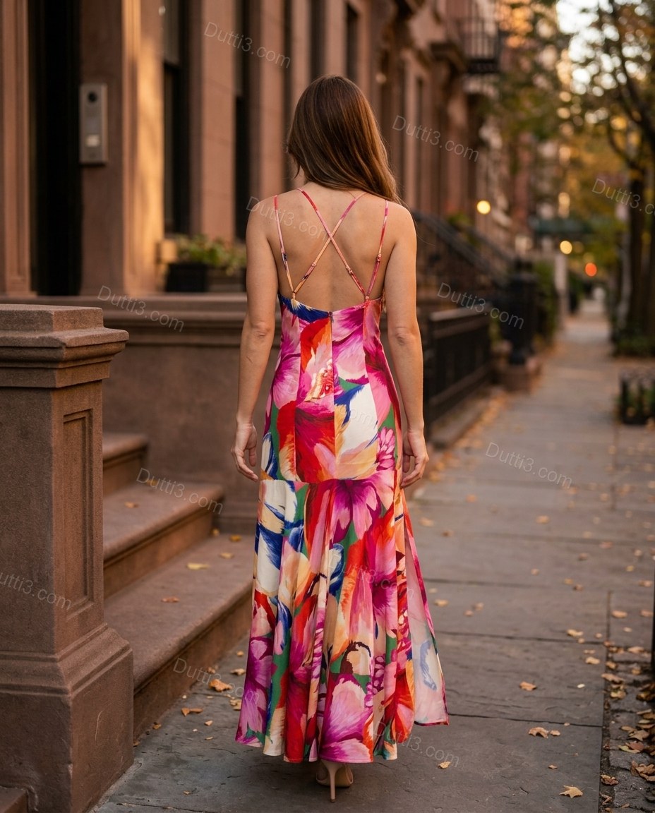 Pink Floral Maxi Open-Back Dress, alternate use-case lifestyle view, by Dutti3