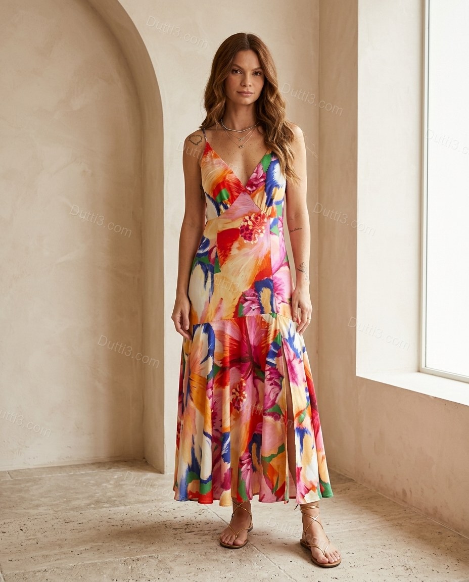 Pink Floral Maxi Open-Back Dress, full-length hero view, by Dutti3