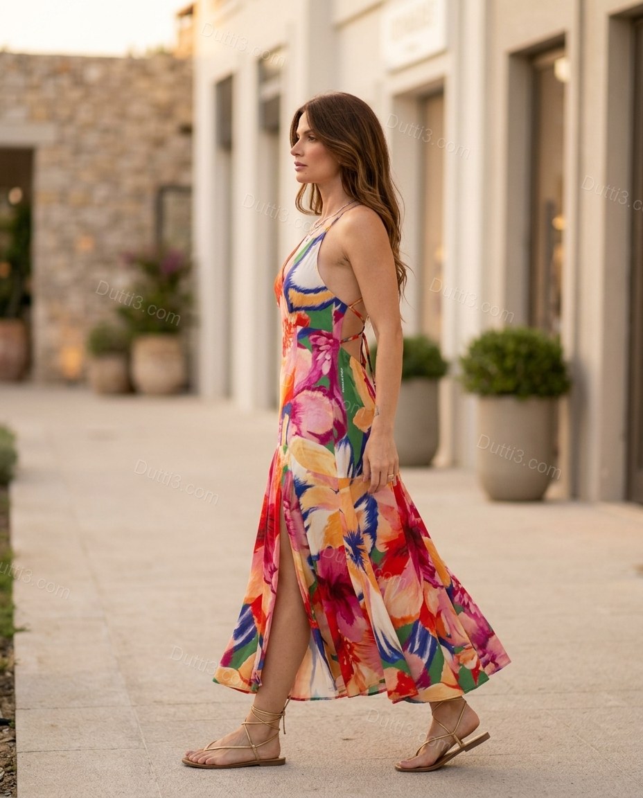 Pink Floral Maxi Open-Back Dress, walking lifestyle view, by Dutti3