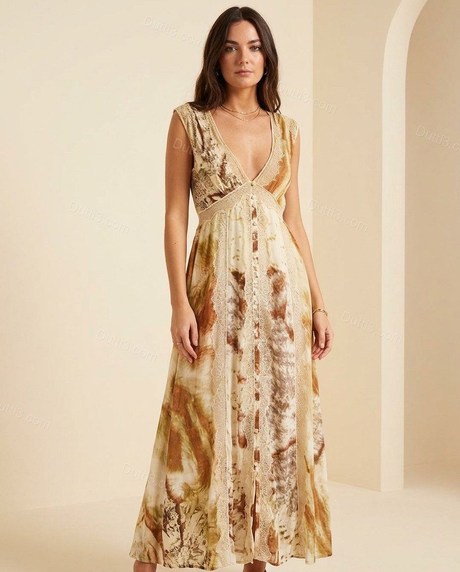 Cream Abstract Maxi Lace Dress, full-length hero view, by Dutti3