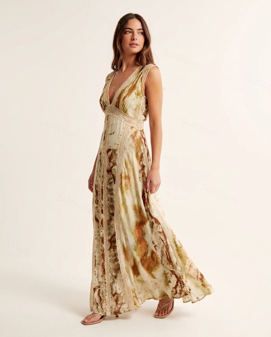 Cream Abstract Maxi Lace Dress, side and back studio view, by Dutti3