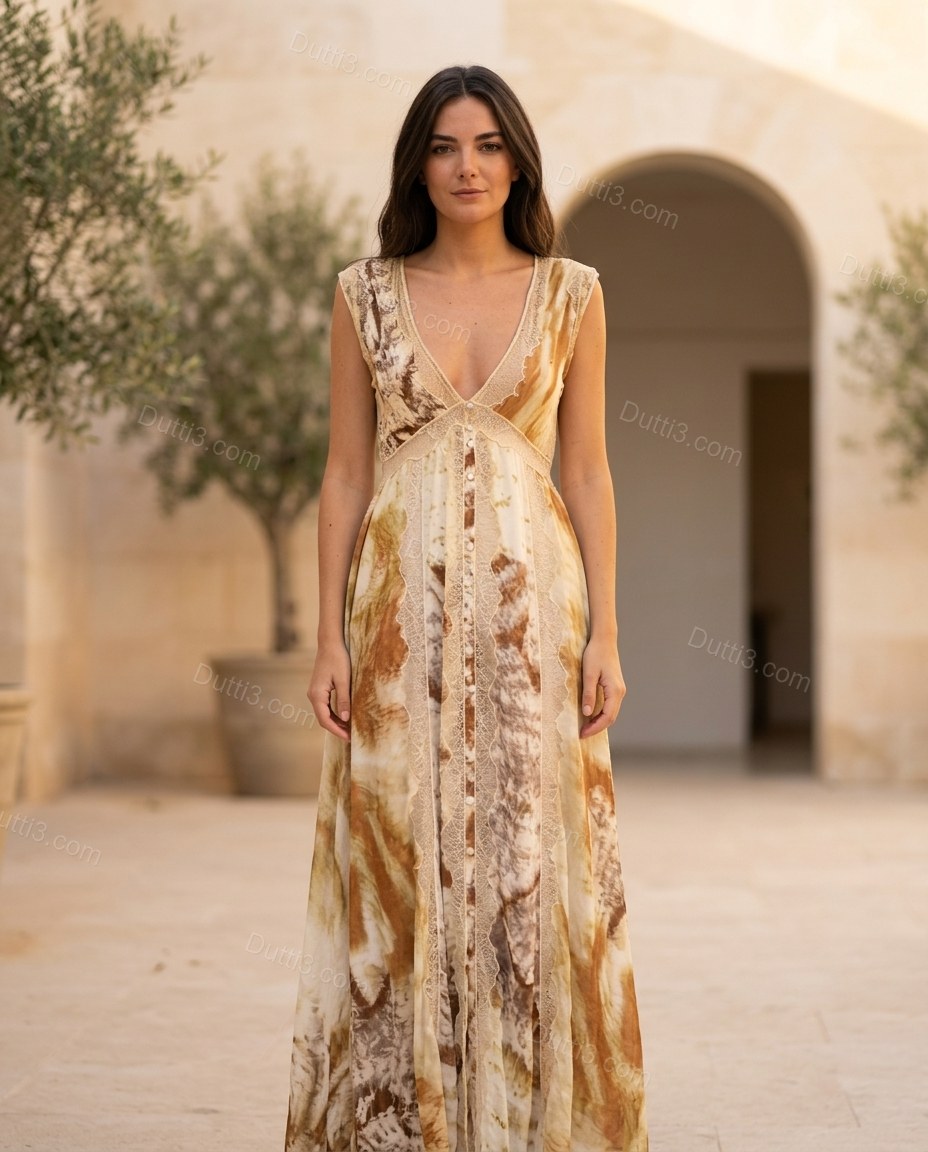 Cream Abstract Maxi Lace Dress, three-quarter brand lifestyle view, by Dutti3