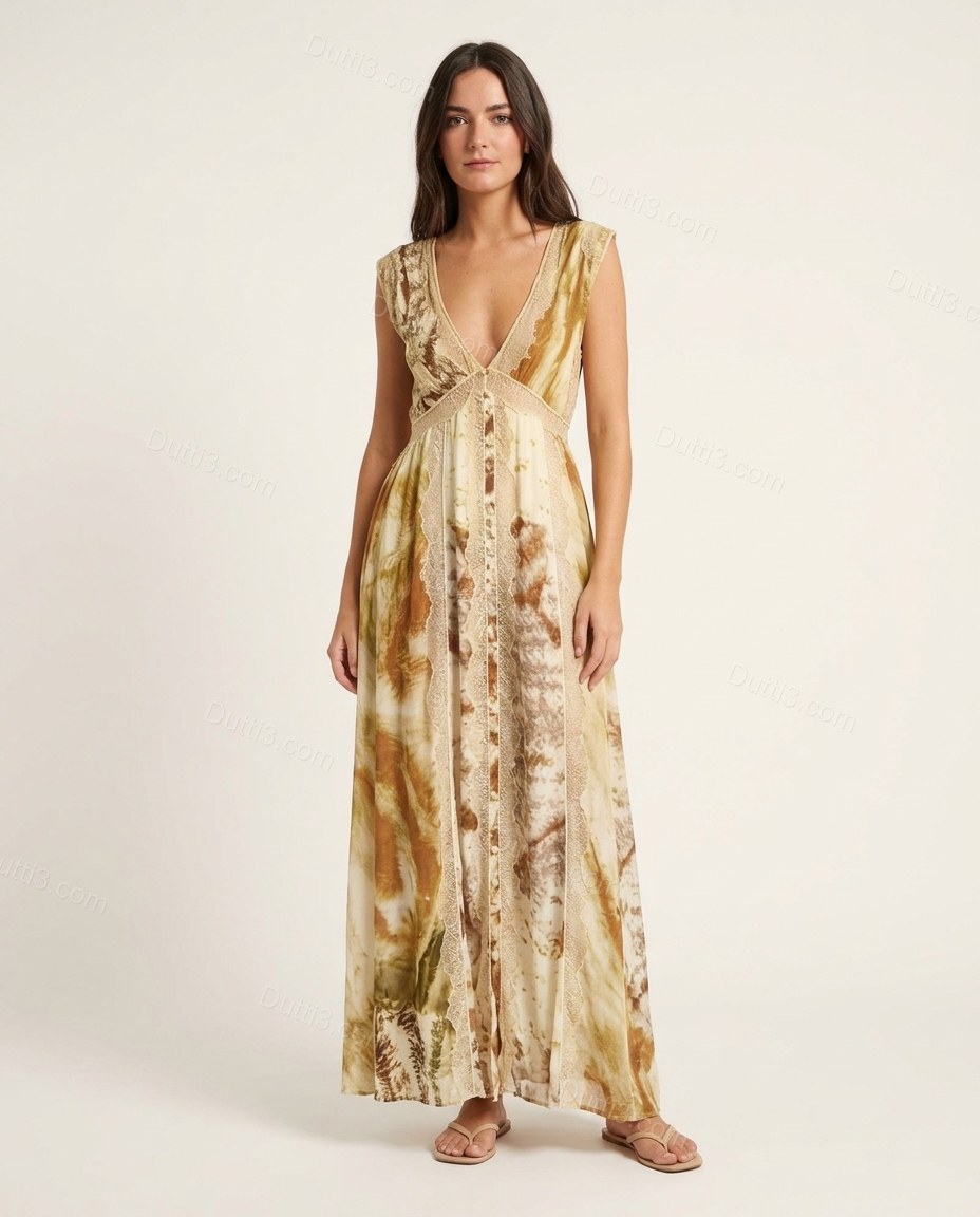 Cream Abstract Maxi Lace Dress, front studio view, by Dutti3