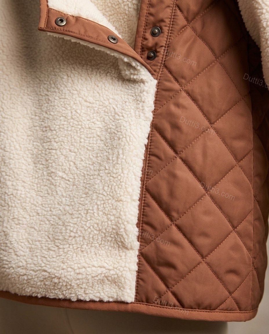 Cream Two-Piece Set, close-up of brown accents, snap button placket and color block design, by Dutti3