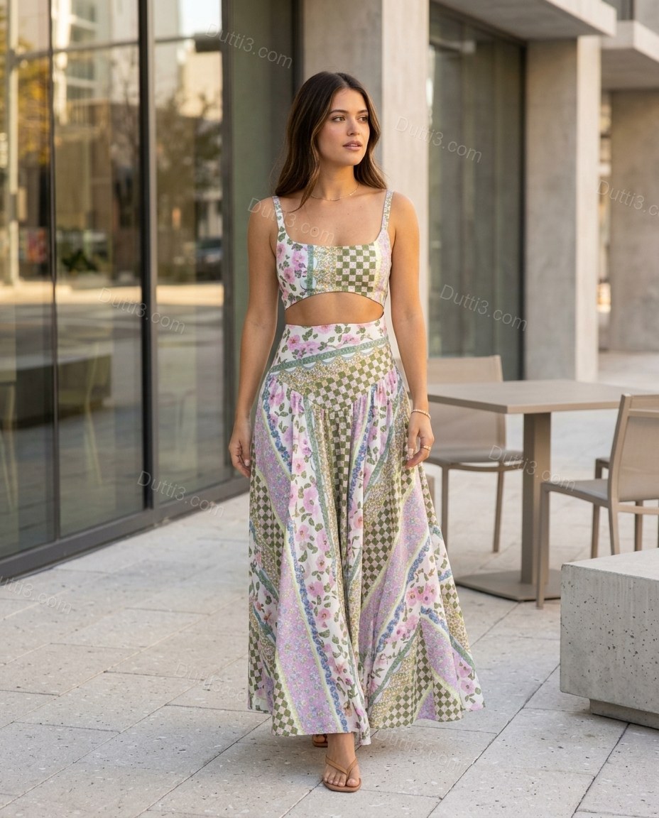 Green Patchwork Maxi Skirt Set, alternate use-case lifestyle view, by Dutti3
