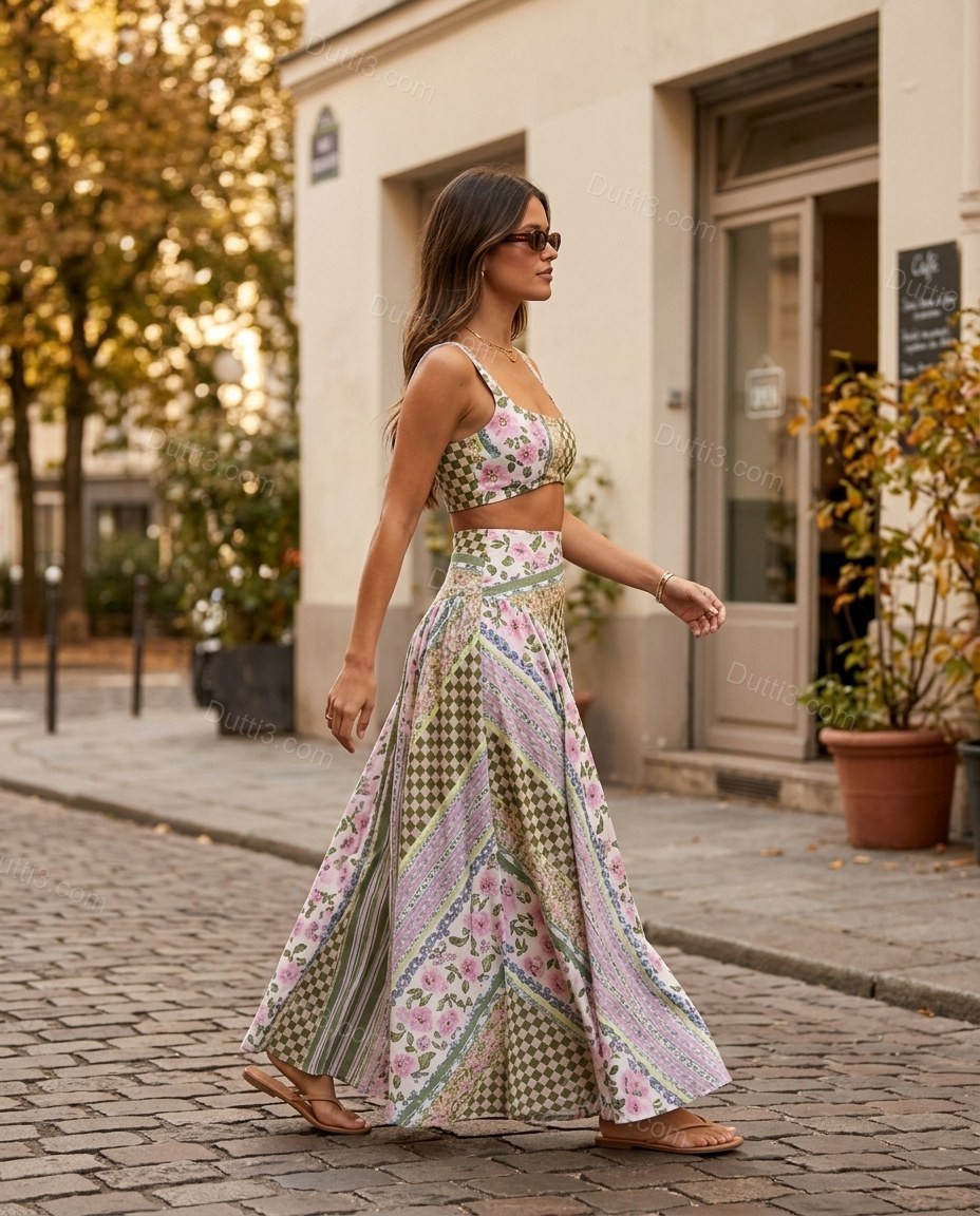 Green Patchwork Maxi Skirt Set, walking lifestyle view, by Dutti3