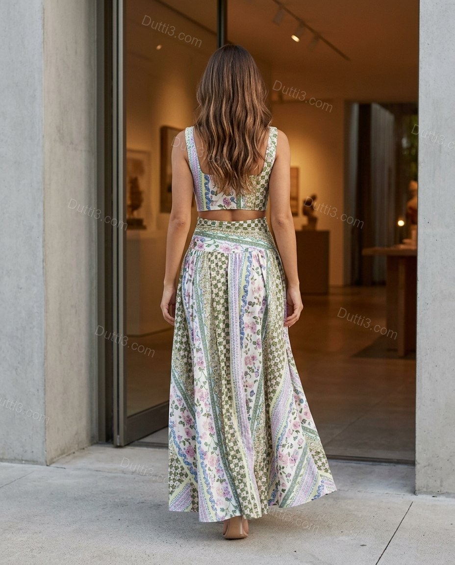 Green Patchwork Maxi Skirt Set, movement and fit lifestyle view, by Dutti3