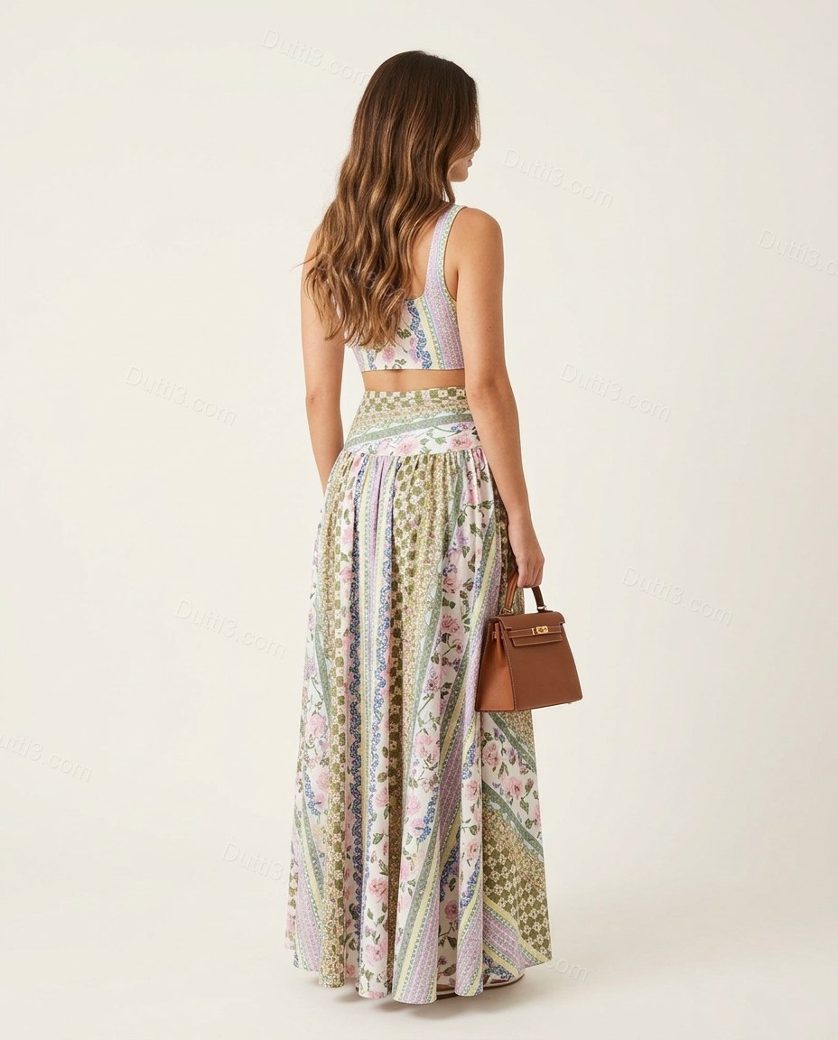 Green Patchwork Maxi Skirt Set, back studio view showing smooth back with no visible details, by Dutti3