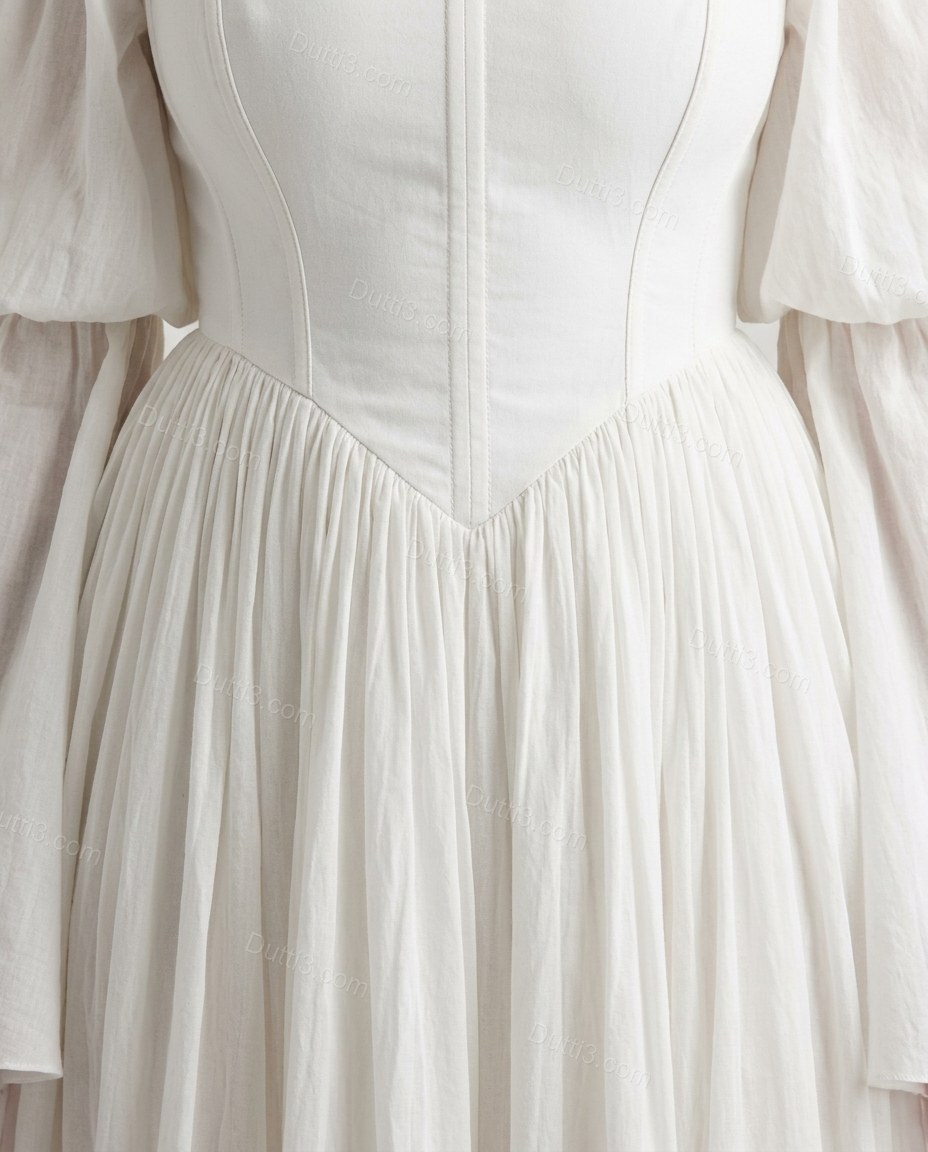 White Maxi Off-Shoulder Dress, close-up of off-the-shoulder design, corset-style bodice and gathered skirt, by Dutti3