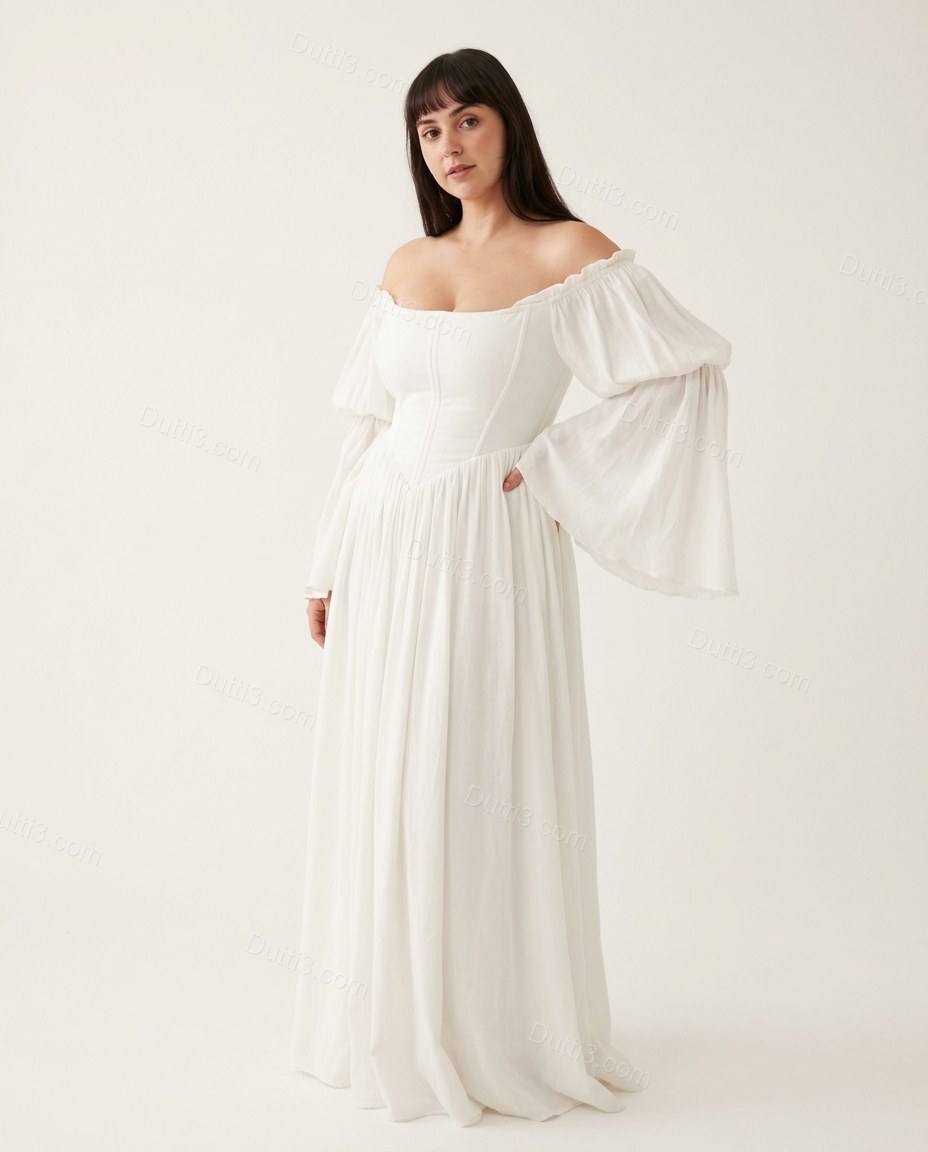 White Maxi Off-Shoulder Dress, side and back studio view, by Dutti3