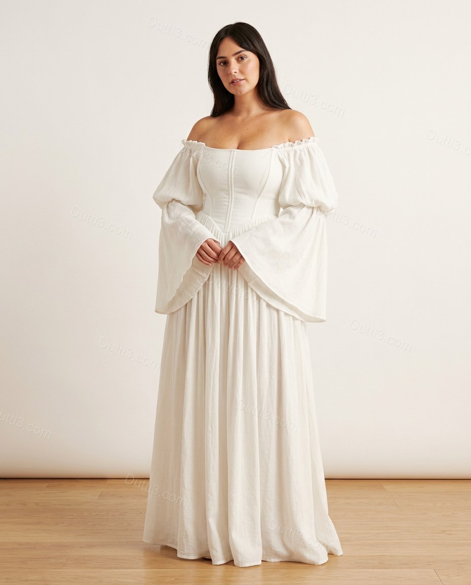 White Maxi Off-Shoulder Dress, front studio view, by Dutti3