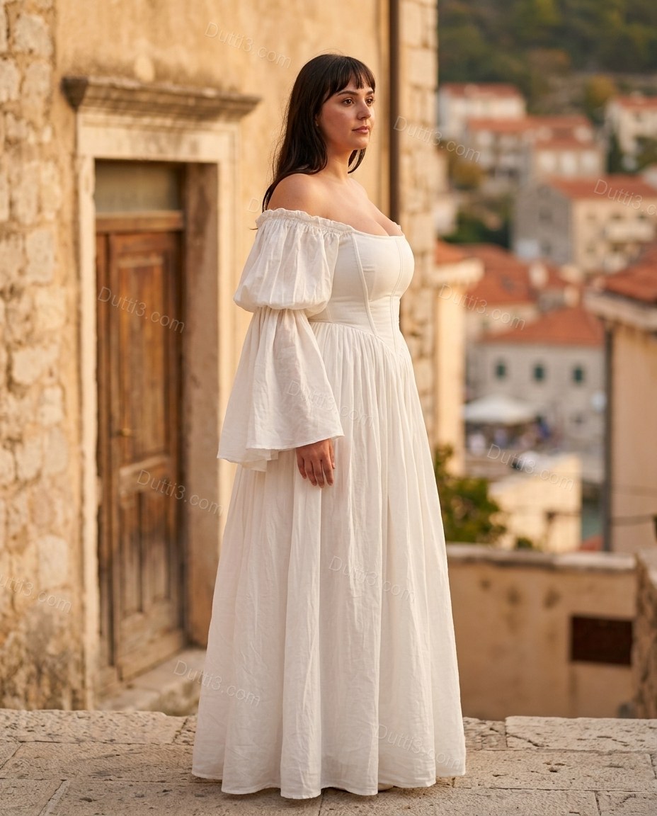 White Maxi Off-Shoulder Dress, three-quarter brand lifestyle view, by Dutti3