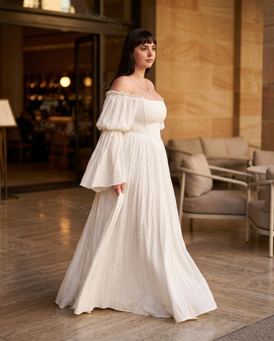 White Maxi Off-Shoulder Dress, movement and fit lifestyle view, by Dutti3
