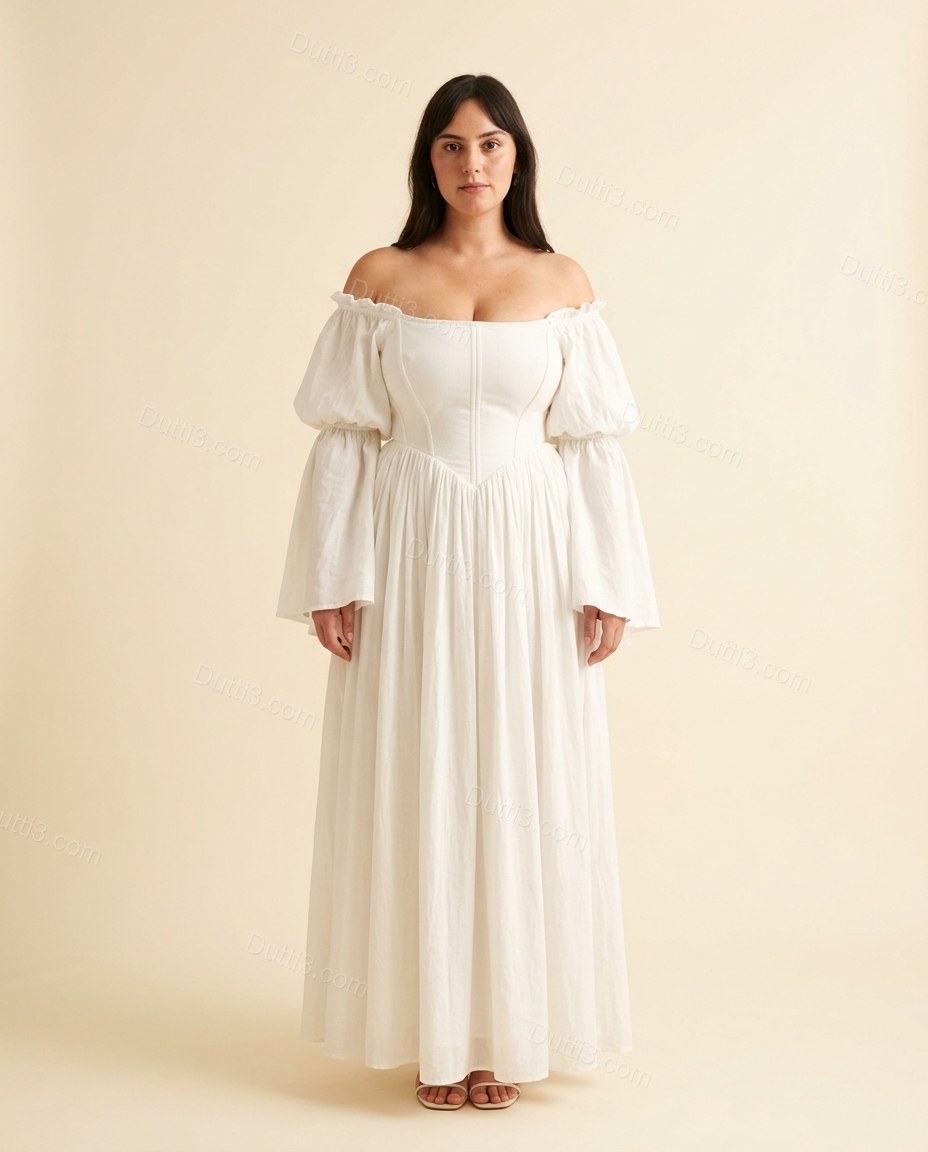 White Maxi Off-Shoulder Dress, full-length hero view, by Dutti3