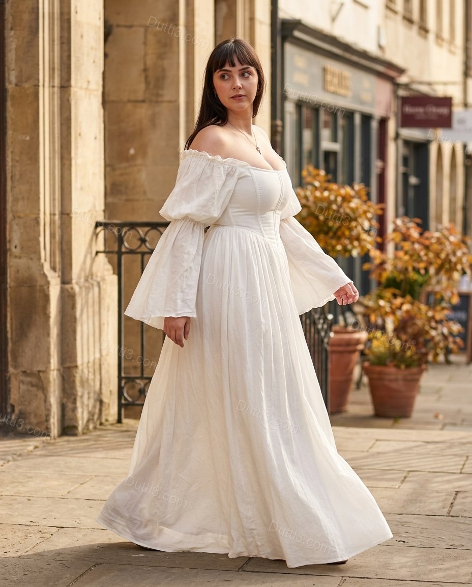 White Maxi Off-Shoulder Dress, walking lifestyle view, by Dutti3