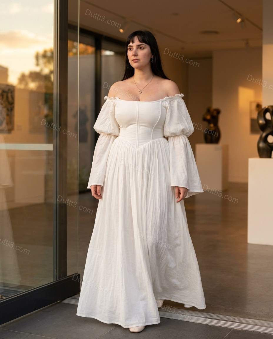 White Maxi Off-Shoulder Dress, alternate use-case lifestyle view, by Dutti3
