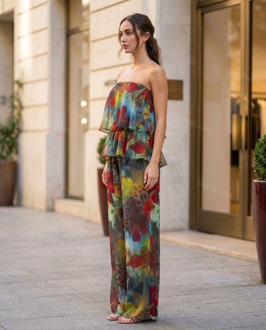 Multi-Color Floral Strapless Peplum Pants Set, walking lifestyle view, by Dutti3