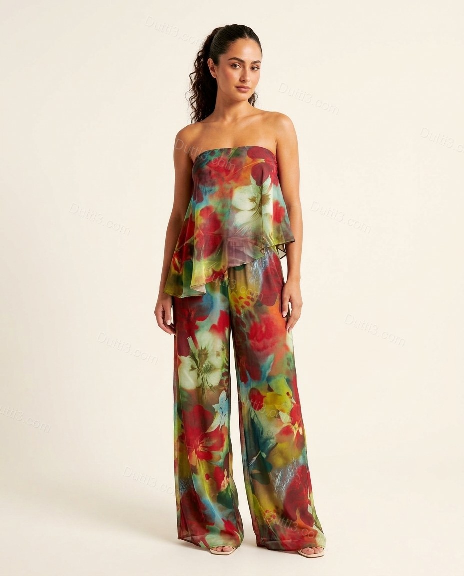 Multi-Color Floral Strapless Peplum Pants Set, front studio view, by Dutti3
