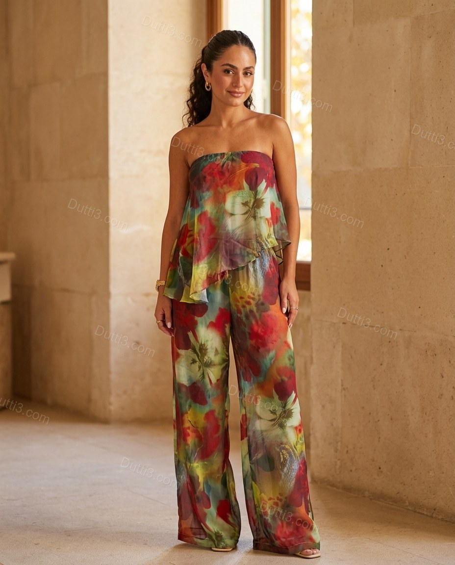 Multi-Color Floral Strapless Peplum Pants Set, full-length hero view, by Dutti3