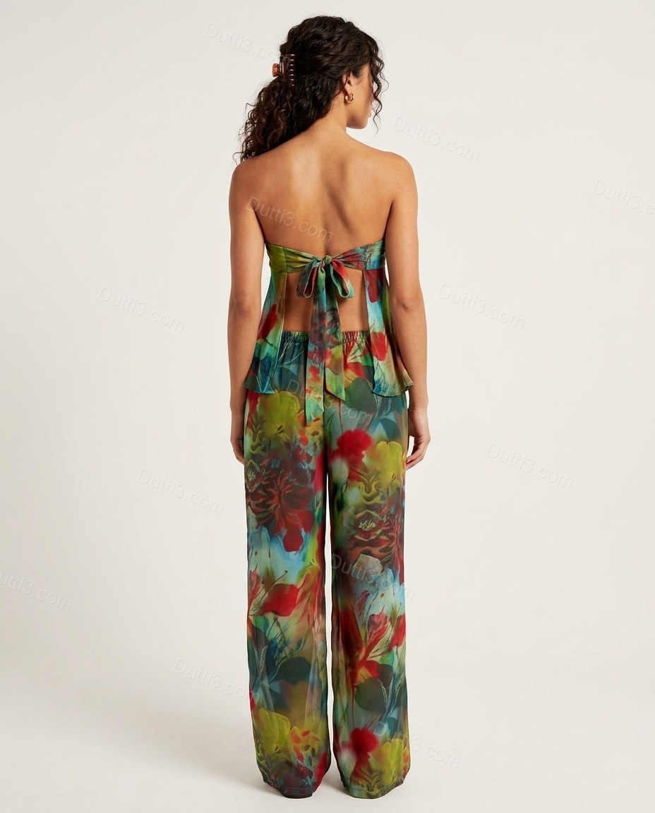 Multi-Color Floral Strapless Peplum Pants Set, back studio view showing open back with tie closure, by Dutti3