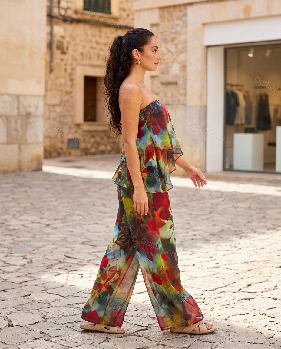 Multi-Color Floral Strapless Peplum Pants Set, movement and fit lifestyle view, by Dutti3