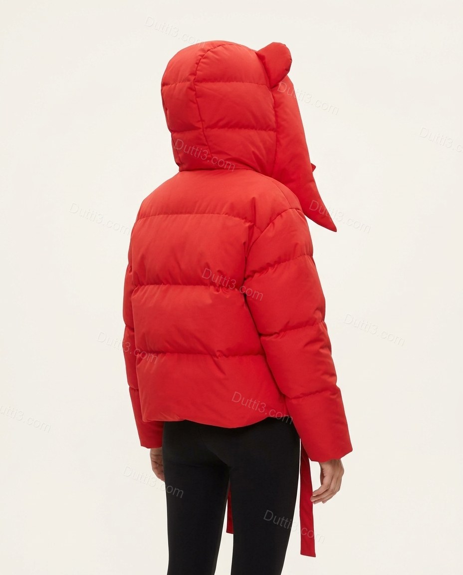 Red Jacket, back studio view showing padded construction, large hood with ear-like details, by Dutti3