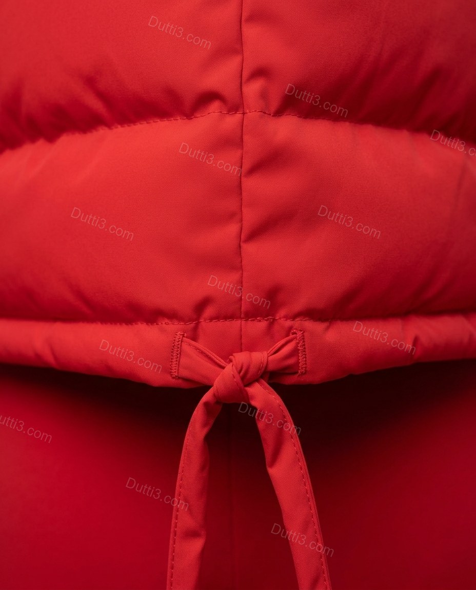 Red Jacket, close-up of hooded, padded and drawstring/tie hem, by Dutti3
