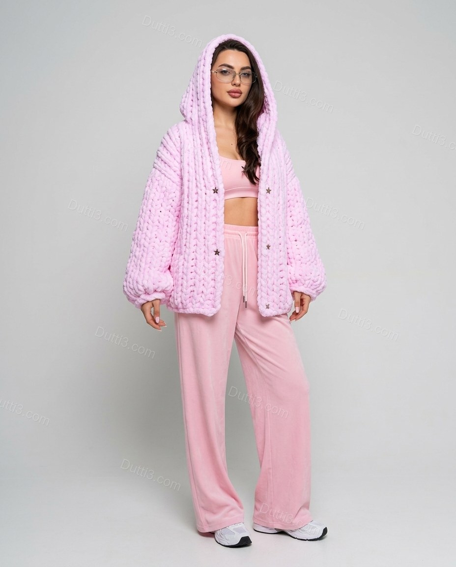 Pink Knit Ribbed Two-Piece Set, front studio view, by Dutti3