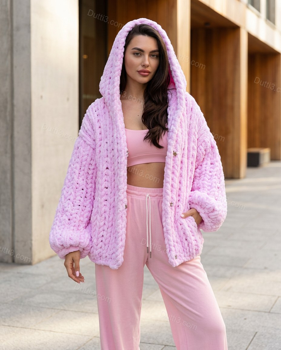 Pink Knit Ribbed Two-Piece Set, full-length hero view, by Dutti3