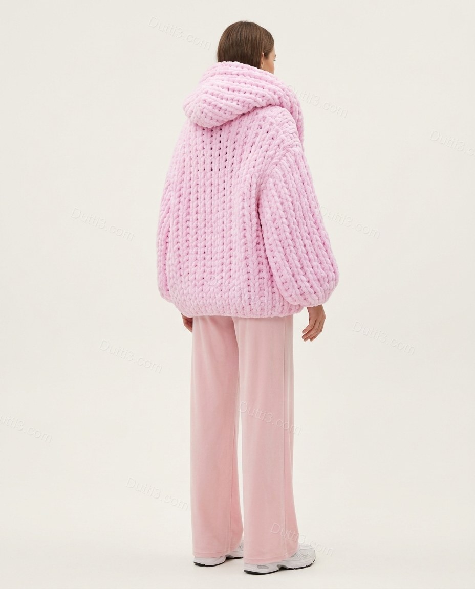 Pink Knit Ribbed Two-Piece Set, back studio view showing voluminous, chunky knit hooded back, by Dutti3