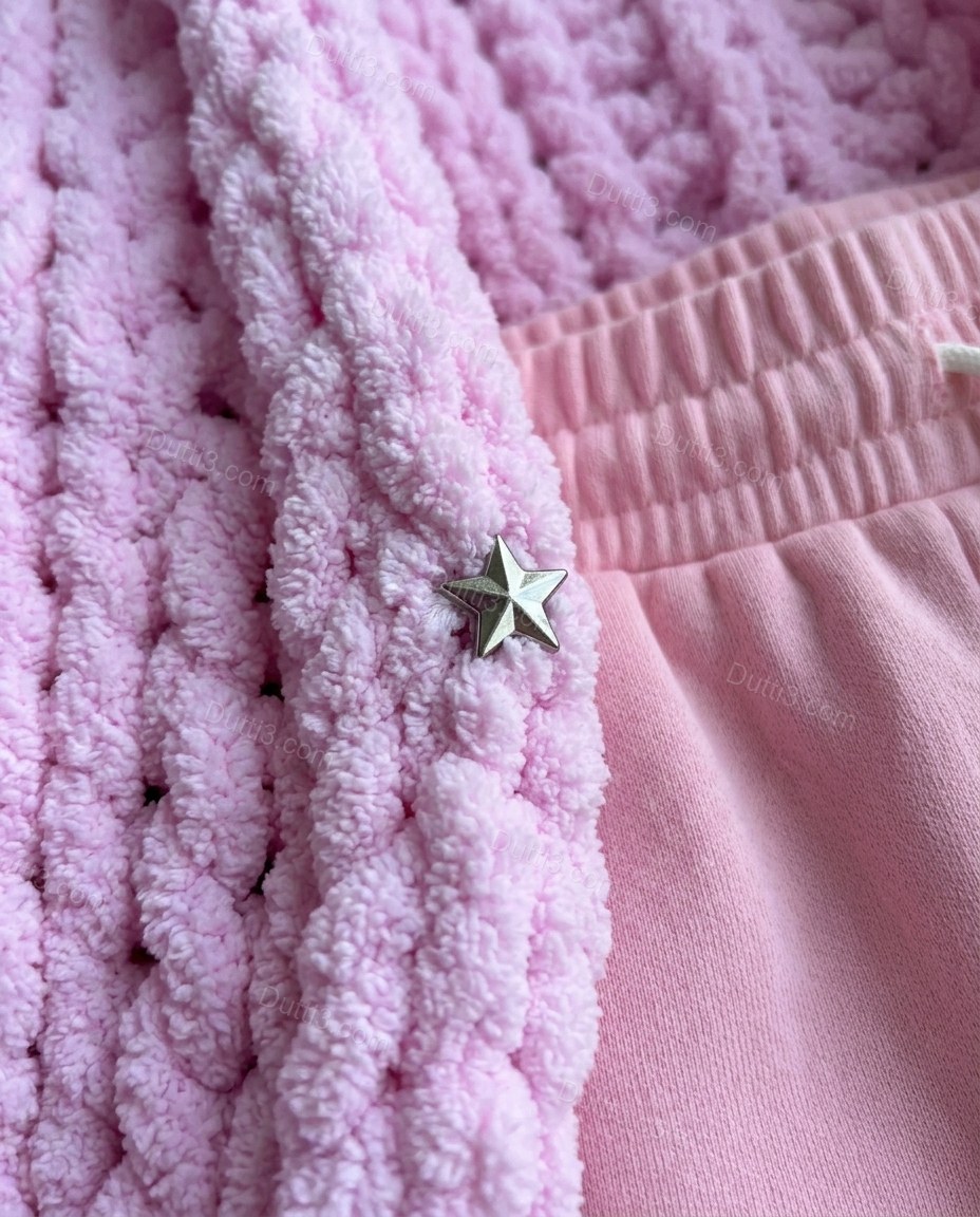 Pink Knit Ribbed Two-Piece Set, close-up of hood, snap button front closure and dropped shoulders, by Dutti3
