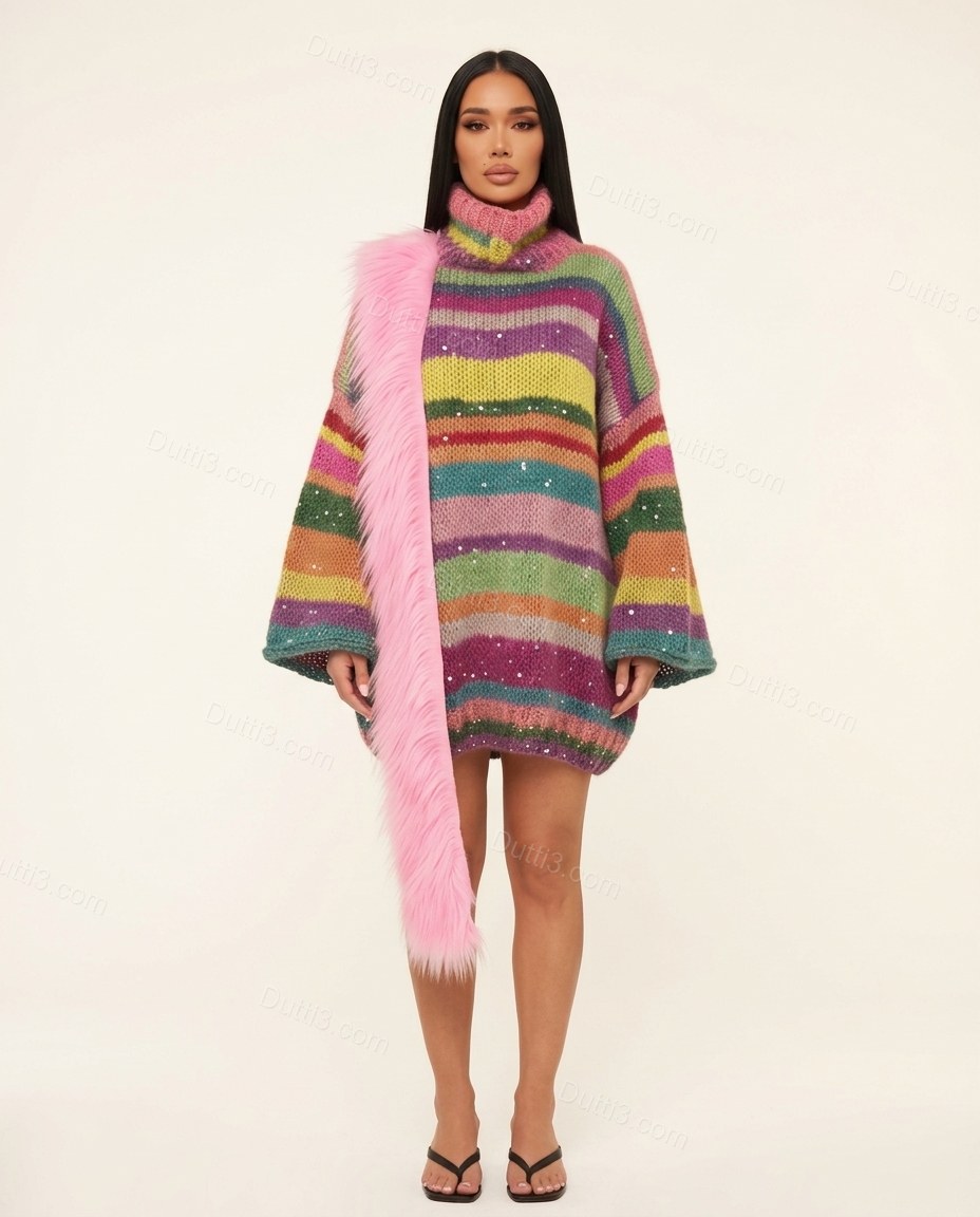 Multi-Color Striped Mini Knit Dress, front studio view, by Dutti3