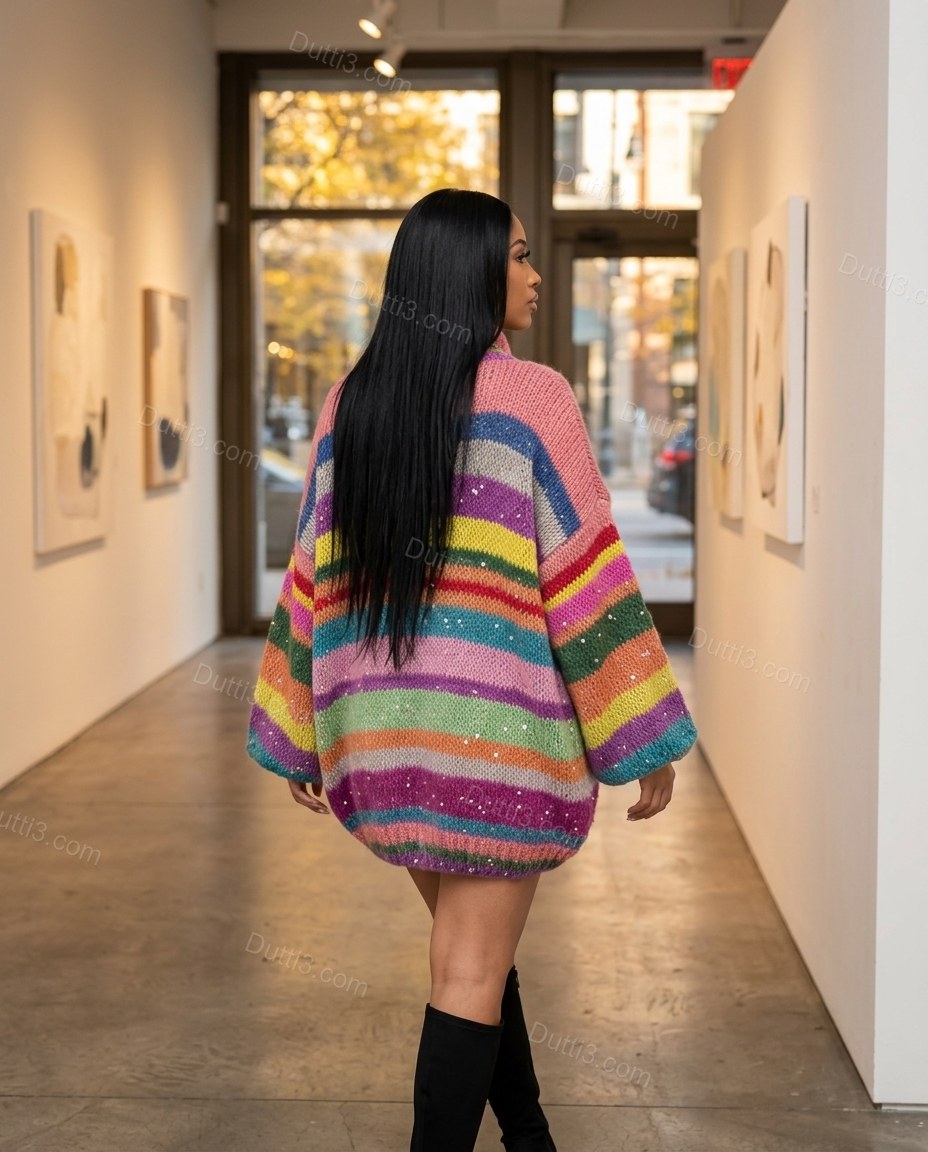 Multi-Color Striped Mini Knit Dress, walking lifestyle view, by Dutti3
