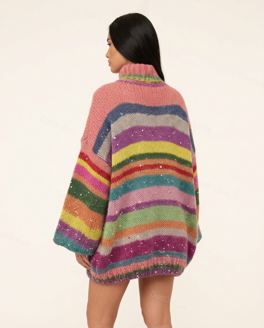Multi-Color Striped Mini Knit Dress, back studio view, by Dutti3