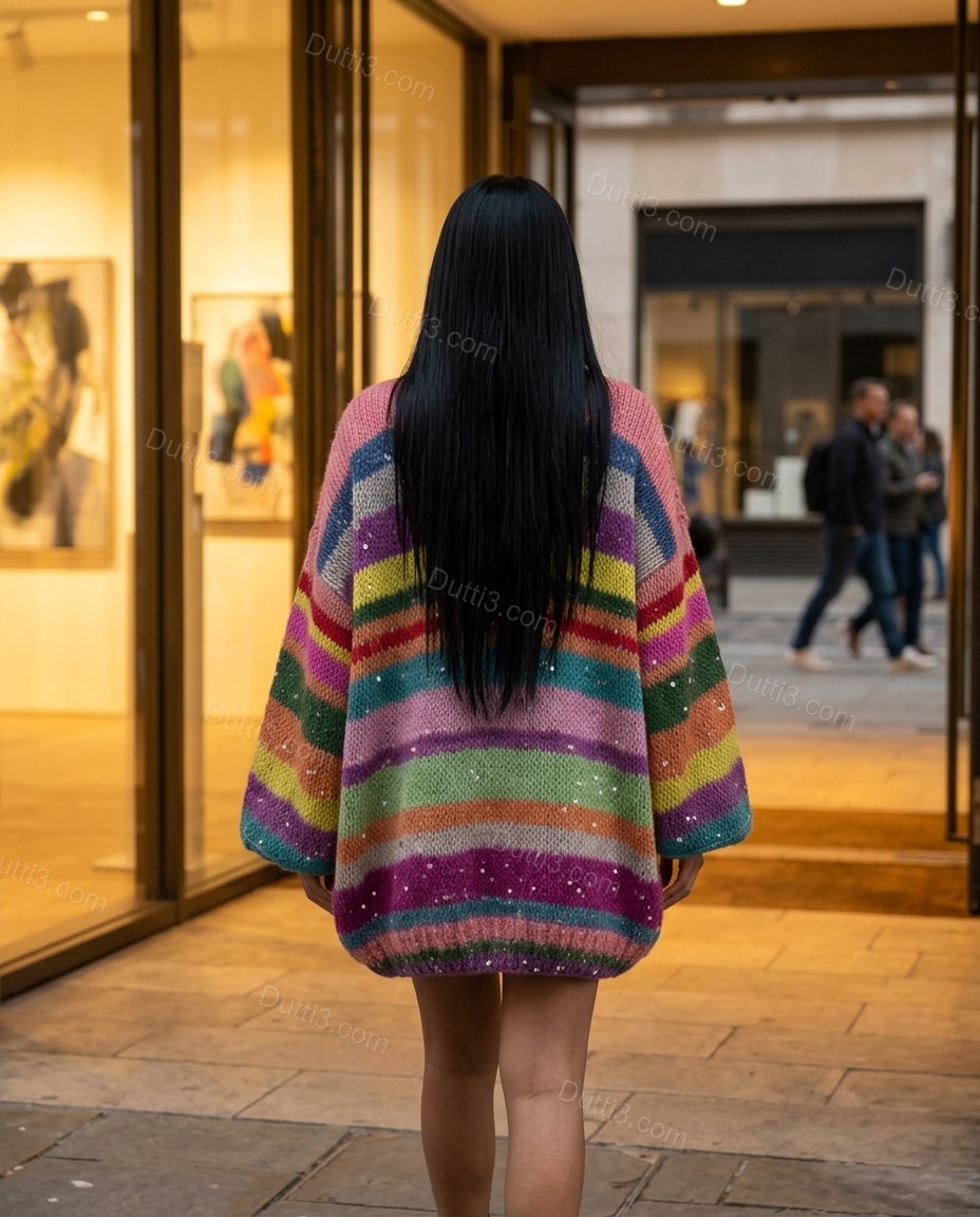 Multi-Color Striped Mini Knit Dress, three-quarter brand lifestyle view, by Dutti3