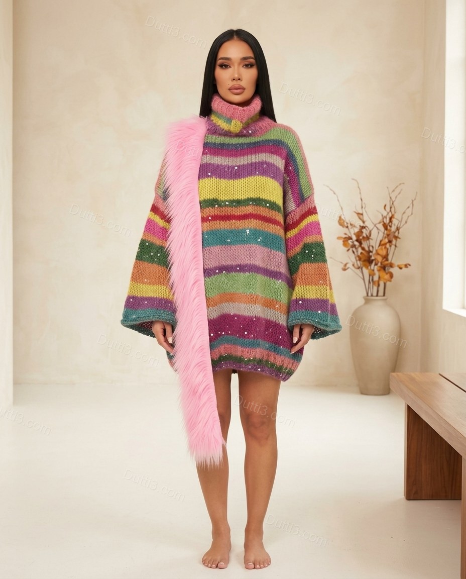 Multi-Color Striped Mini Knit Dress, full-length hero view, by Dutti3