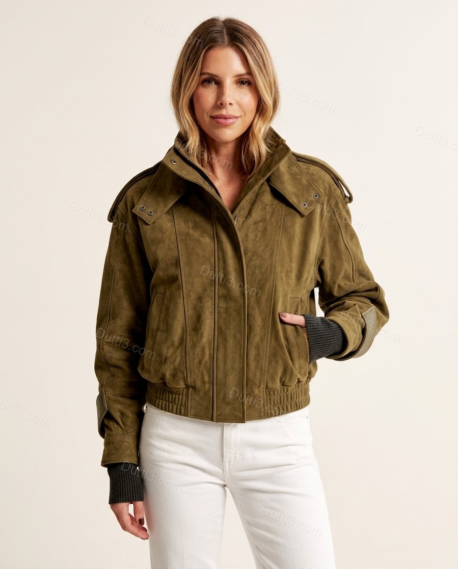 Olive Green Ribbed Jacket, front studio view, by Dutti3
