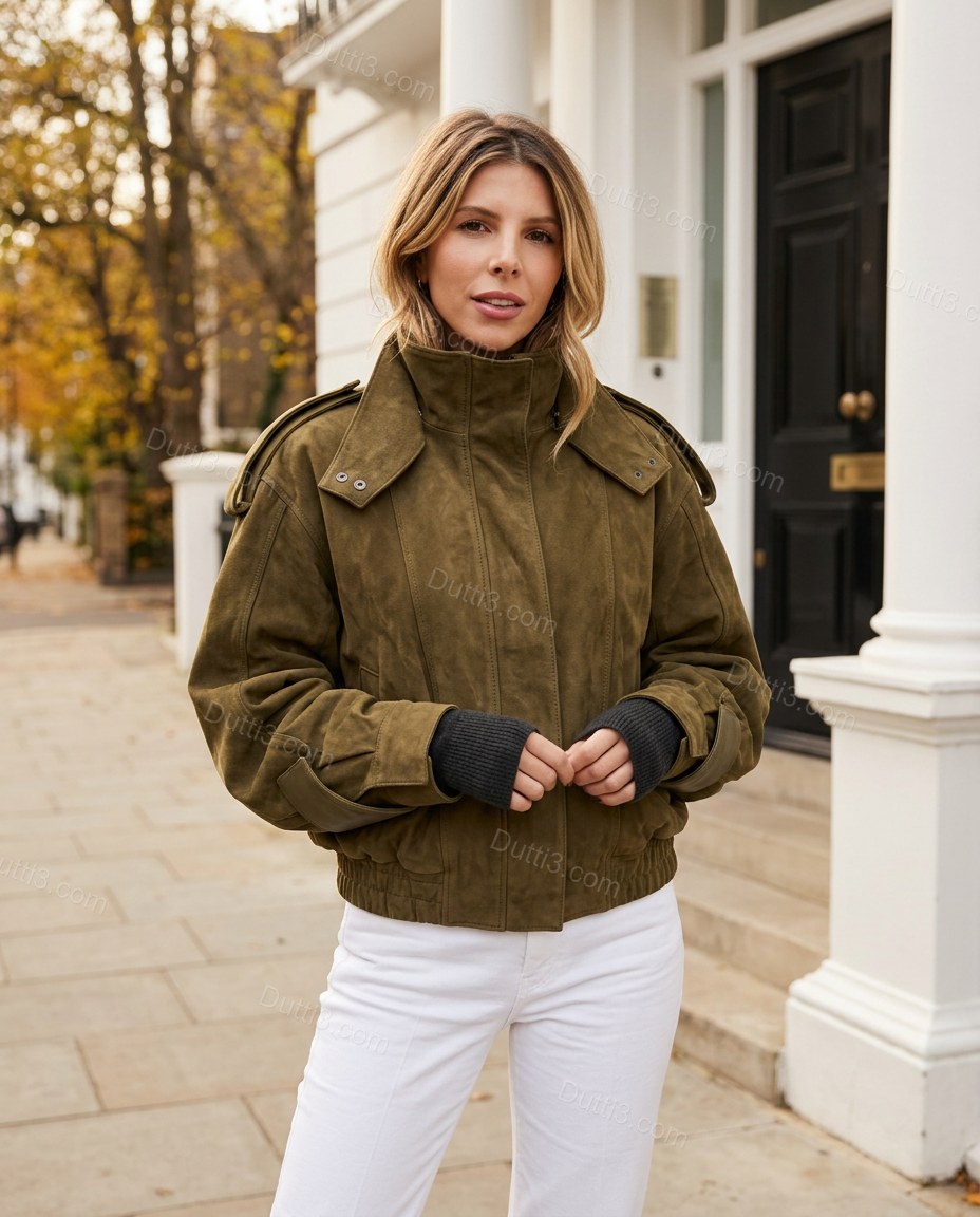 Olive Green Ribbed Jacket, full-length hero view, by Dutti3