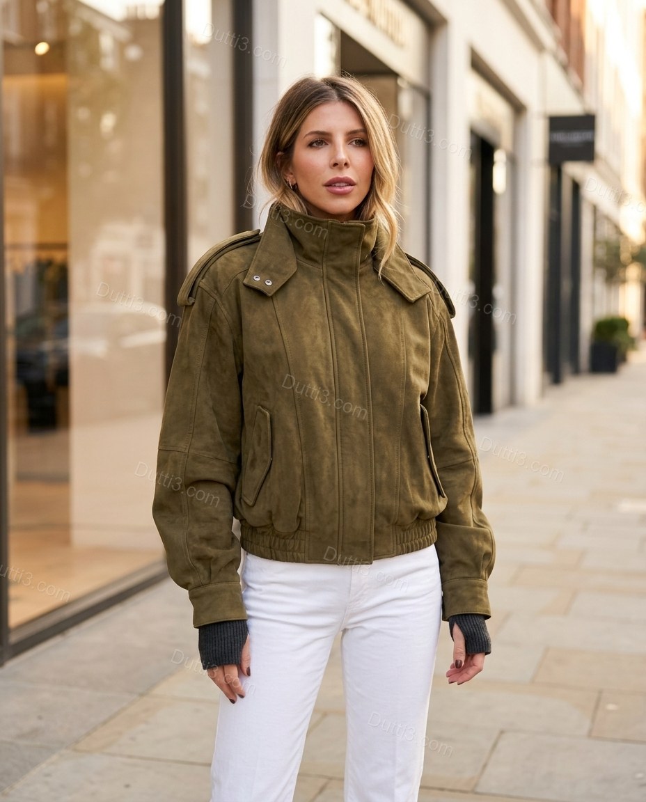 Olive Green Ribbed Jacket, three-quarter brand lifestyle view, by Dutti3