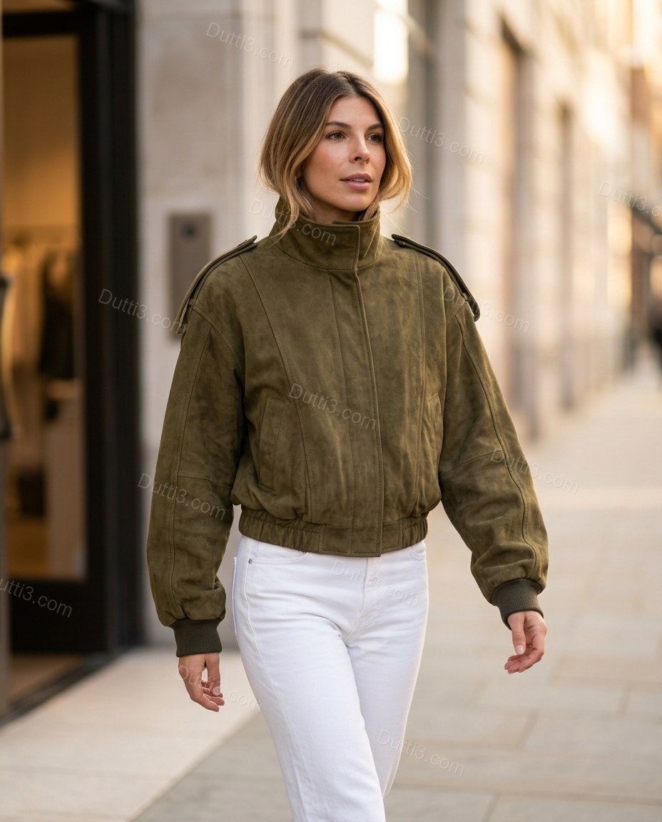 Olive Green Ribbed Jacket, movement and fit lifestyle view, by Dutti3