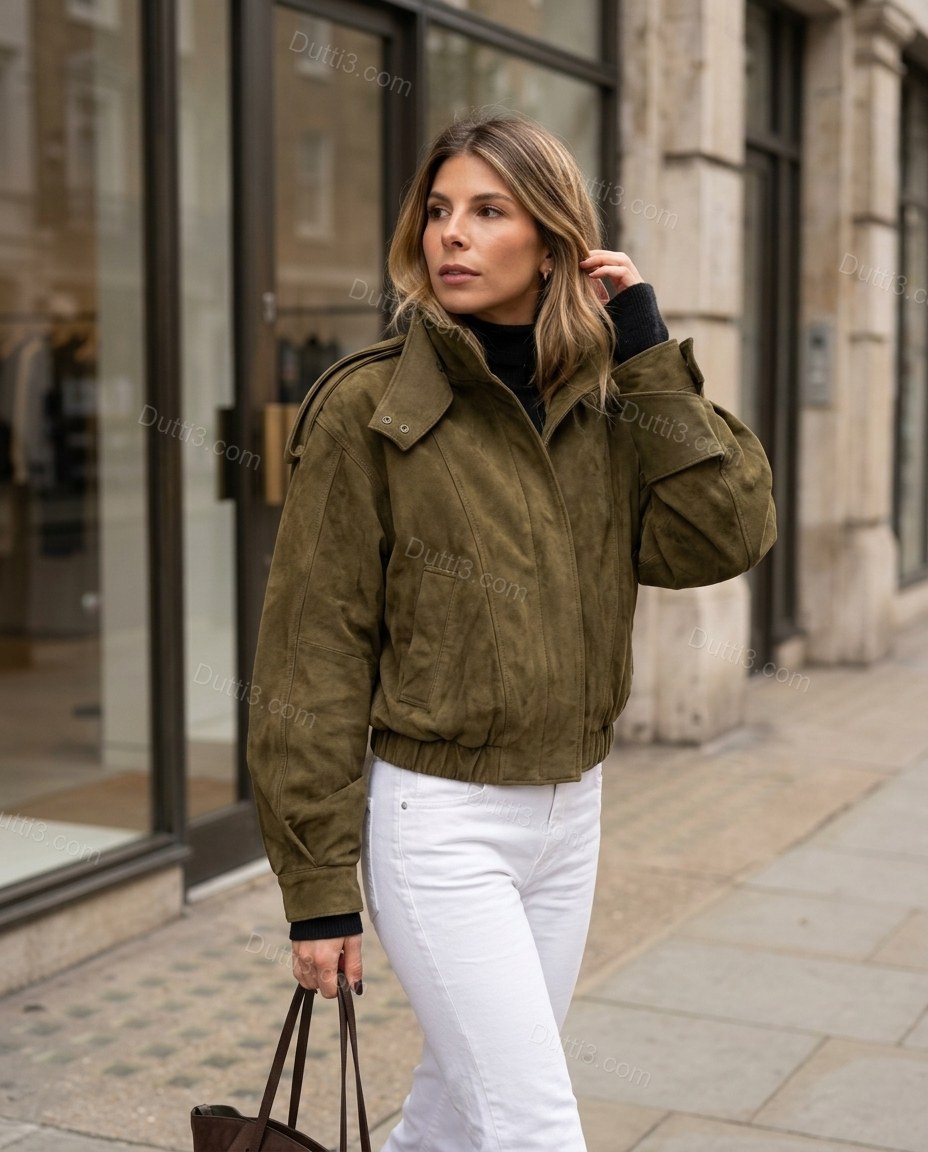 Olive Green Ribbed Jacket, walking lifestyle view, by Dutti3