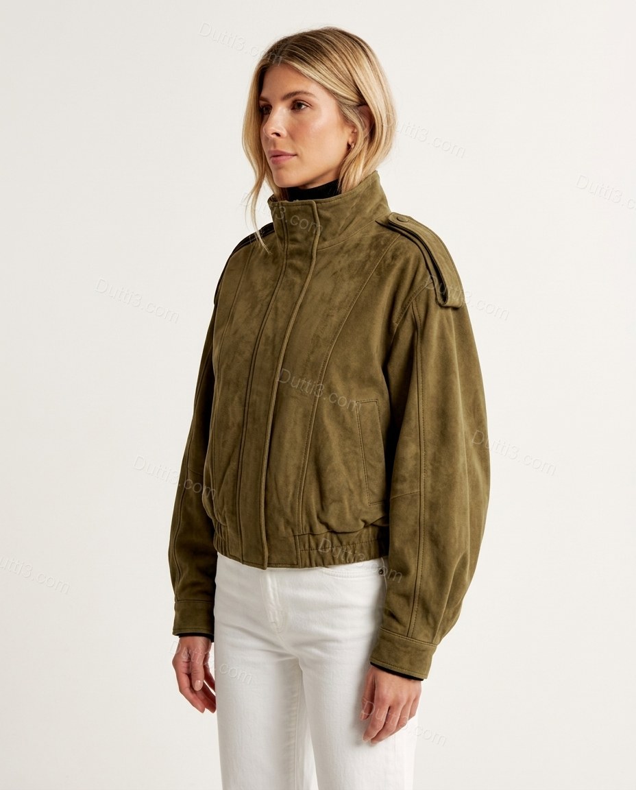 Olive Green Ribbed Jacket, side and back studio view, by Dutti3