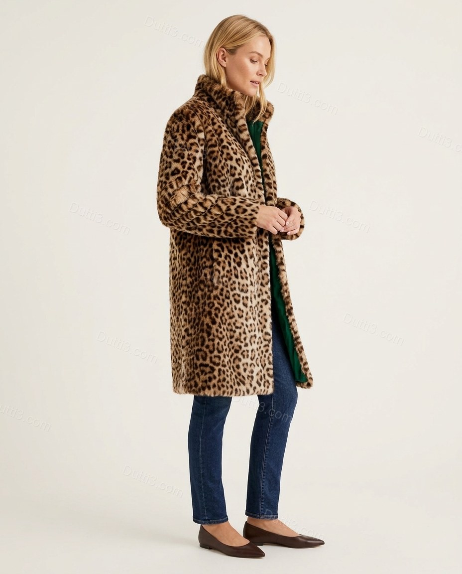 Brown Leopard Print Faux-Fur Coat, side and back studio view, by Dutti3