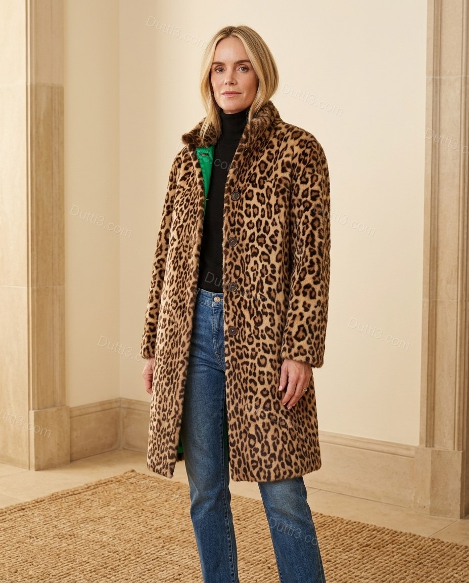 Brown Leopard Print Faux-Fur Coat, full-length hero view, by Dutti3