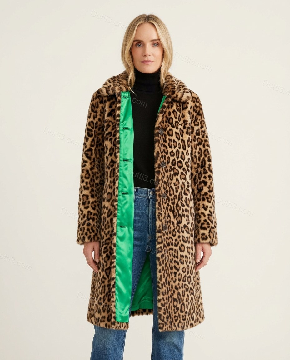 Brown Leopard Print Faux-Fur Coat, front studio view, by Dutti3