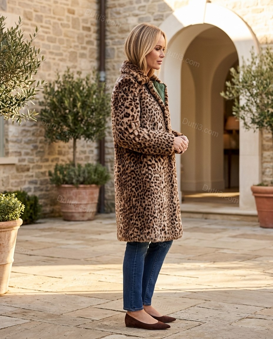 Brown Leopard Print Faux-Fur Coat, three-quarter brand lifestyle view, by Dutti3